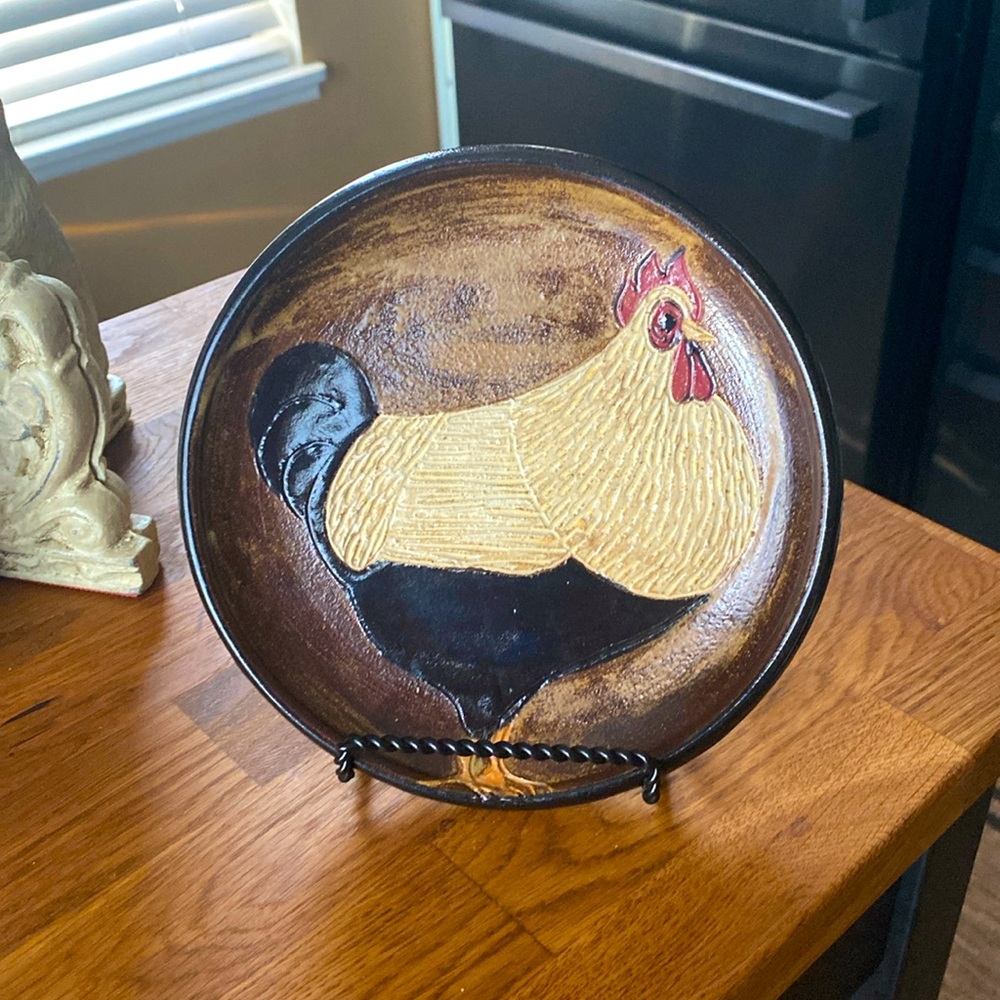 Terracotta hand designed and signed decretive plate. 7” Round Rooster pattern.